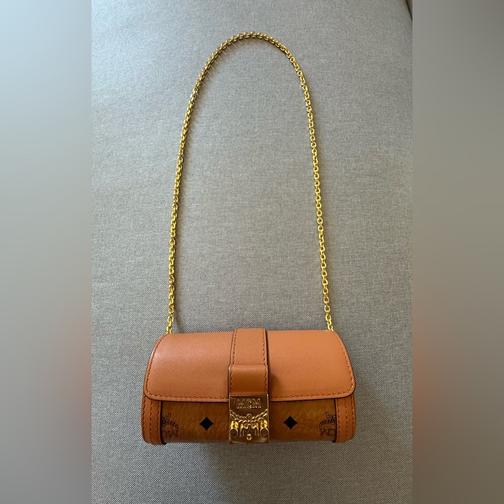 MCM Cylinder Mini Crossbody Bag Visetos Cognac